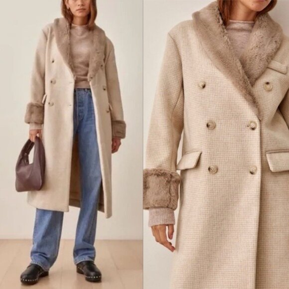 Reformation Wool Alpaca Houndstooth Faux Fur Trimmed Double Breasted Coat - Picture 1 of 6